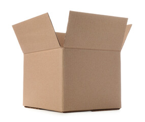One open cardboard box on white background