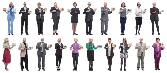 group of happy people with gifts in their hands isolated