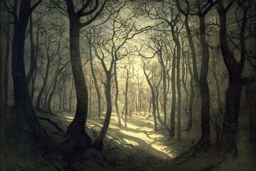 Fototapeta premium Beautiful forest in spring with bright sun shining through the trees. High quality illustration