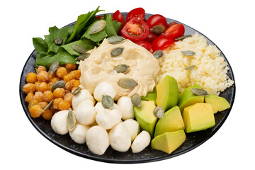 Vegetarian food on a bowl, porridge, chickpeas, mozzarella, tomatoes and avocado, on a white background, isolate