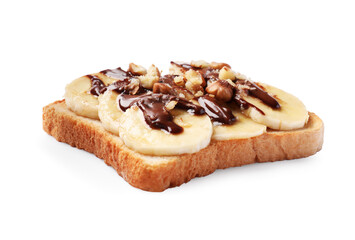 Delicious toast with bananas, chocolate cream and nuts isolated on white