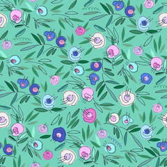 Fototapeta na wymiar Seamless colorful pattern with hand drawn bright flowers on dark background for surface design and other design projects