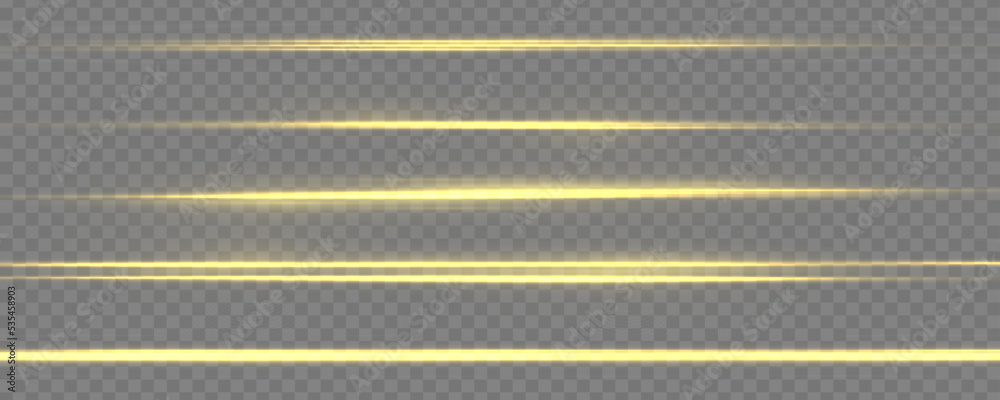 Poster Yellow soft horizontal neon lines and lights. Set of abstract lens flares. Flash golden line motion. Laser sparkle beams, glowing speed rays, gold light effect. Luminous sparkling lined. Vector	