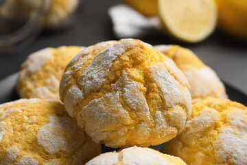 Fresh delicious lemon cookies on table, closeup