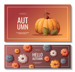 Autumn promo sale flyers with pumpkins.  Autumn, harvest, thanksgiving day concept. Vector illustration. Banner, advertising, flyer.