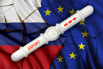 Gas or oil pipeline with russian and European Union flags, depicting a conflict or gas war between...