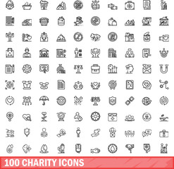 100 charity icons set. Outline illustration of 100 charity icons vector set isolated on white background