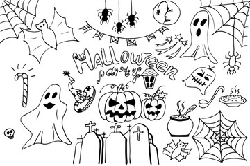 Halloween set white and black doodle vector illustration