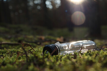 Used glass bottle on grass in forest, space for text. Recycling problem