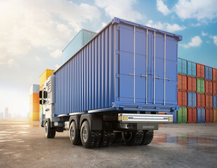 logistic blue trailer truck or electric vehicle lorry at container terminal