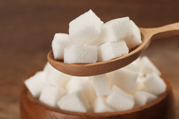 Wooden spoon with white sugar cubes near bowl, closeup
