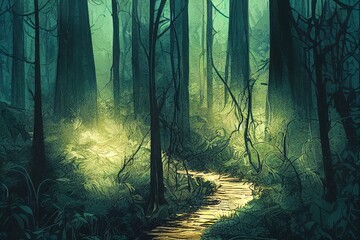 Deep forest scene with trail in the woods illustration. High quality illustration