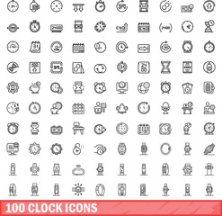 Fototapeta na wymiar 100 clock icons set. Outline illustration of 100 clock icons vector set isolated on white background