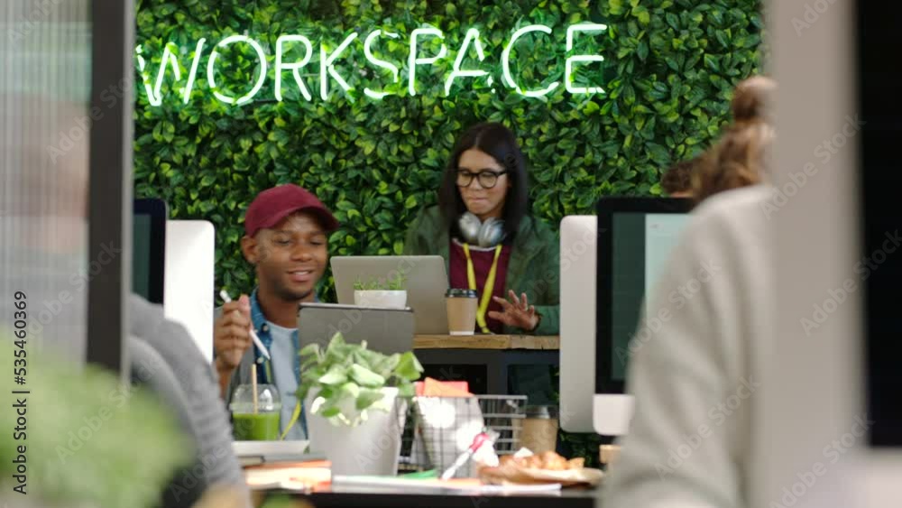 Poster Digital, tech company and coworking business team pass a tablet with online client information. IT, technology and iot gen z staff group with b2b and web data in a futuristic startup working space
