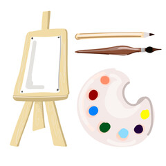 Painting set: easel, pencil, brush and paints. Cartoon style.