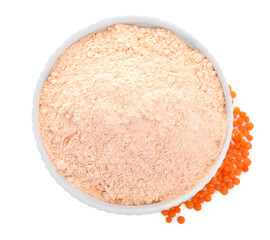 Lentil flour in bowl and seeds isolated on white, top view