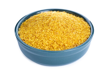 Bowl with uncooked bulgur isolated on white