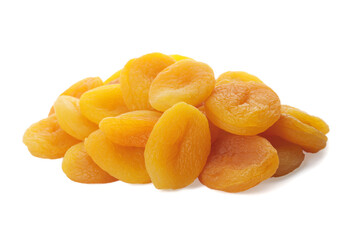Pile of tasty apricots on white background. Dried fruits