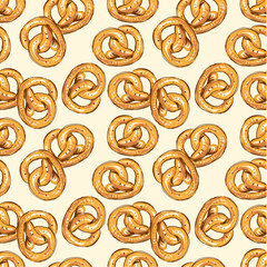Pretzel. Salty pastries. Hand drawing. German cuisine. Seamless pattern
