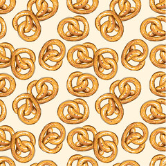 Pretzel. Salty pastries. Hand drawing. German cuisine. Seamless pattern