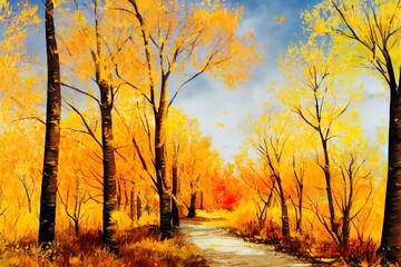 Autumn yellow trees gouache painting. A clearing with bright birches. Autumn colorful landscape. Original painting, layout for a greeting card. Illustration of golden autumn. Natural art background