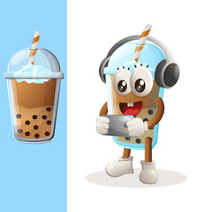 Cute Bubble Tea mascot playing game mobile, wearing headphones