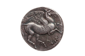 Silver 5 shekel Carthaginian coin replica with portrait of Tanit the sky goddess and the winged horse Pegasus on the reverse from the First Punic War 264-260 BC, cut out and isolated on a transparent  - obrazy, fototapety, plakaty