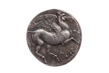 Silver 5 shekel Carthaginian coin replica with portrait of Tanit the sky goddess and the winged horse Pegasus on the reverse from the First Punic War 264-260 BC, cut out and isolated on a transparent 