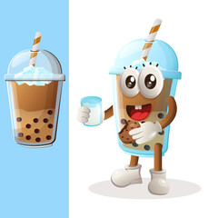 Cute Bubble Tea mascot drink milk and eat cookie