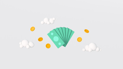 Floating banknotes and coins minimal cartoon style 3D render illustration