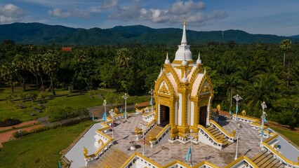 Aerial view of beautiful tropical park with Pillar Shrine in Khanom City, Thailand