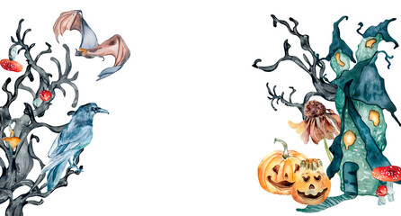 Banner of colorful Halloween watercolor illustration isolated on white background.
