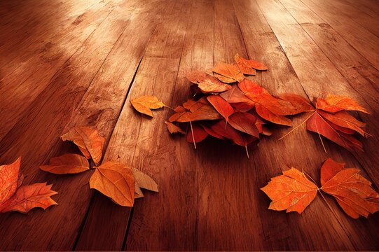 3d background rendering, illustration of brown autumn leaves on wooden floor with wooden podium, for web page, autumn and nature theme, presentation or product pictures and backgrounds. High quality