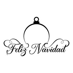 Logo con texto manuscrito Feliz Navidad en español con silueta de bola de navidad lineal con filigrana caligráfica. Líneas con florituras