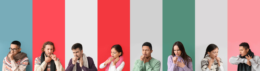 Group of ill coughing people on color background