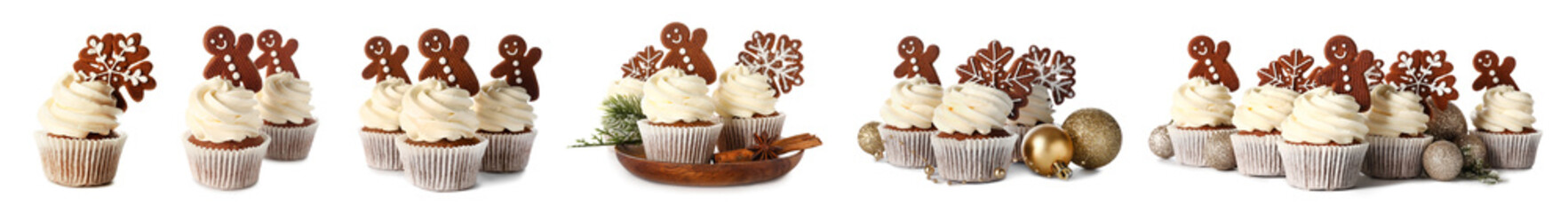 Set of tasty Christmas cupcakes with gingerbread cookies isolated on white