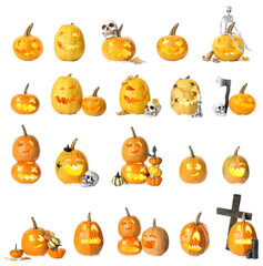 Set of creepy Halloween pumpkins isolated on white