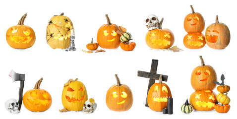 Set of creepy Halloween pumpkins isolated on white