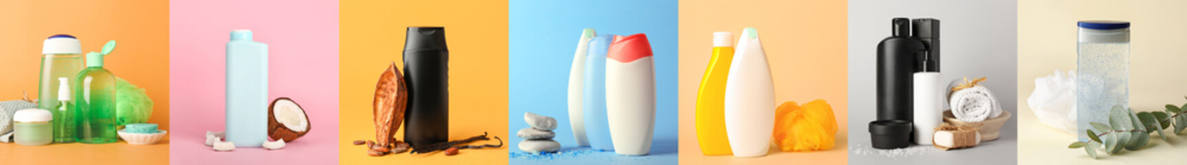 Set of shower gels on colorful background