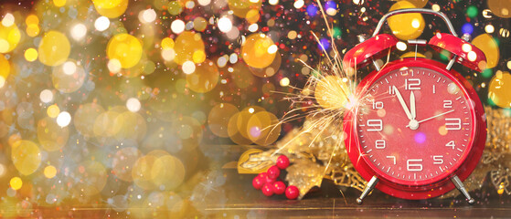Fototapeta na wymiar Festive collage of alarm clock, Christmas sparkler and blurred lights on dark background. New Year celebration