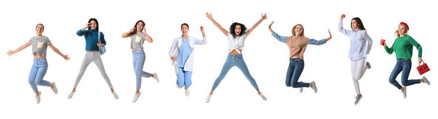 Collage of happy jumping women on white background