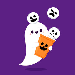 Halloween face on plastic cup. Party cup isolated. background, vector illustration. Halloween beer cup vector. Beer pong. Halloween face on plastic cup. Cute ghost cartoon vector.