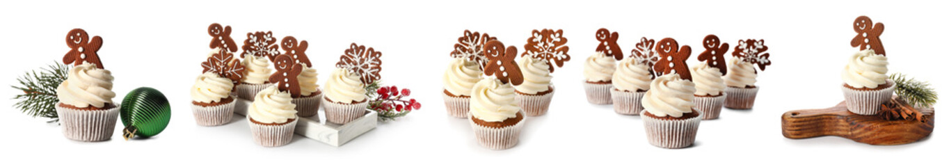 Set of tasty Christmas cupcakes with gingerbread cookies on white background