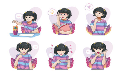 Kids Learning and Expression Character Set.
Little girl in different actions. Different emotions of a little girl learning and activity
