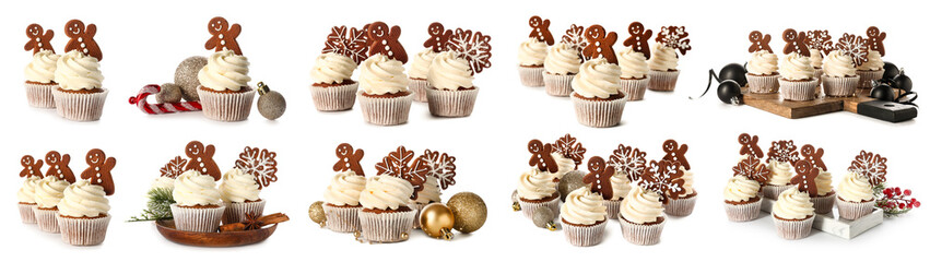 Set of tasty Christmas cupcakes with gingerbread cookies on white background