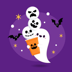 Fototapeta premium Halloween face on plastic cup. Party cup isolated. background, vector illustration. Halloween beer cup vector. Beer pong. Halloween face on plastic cup. Cute ghost cartoon vector.