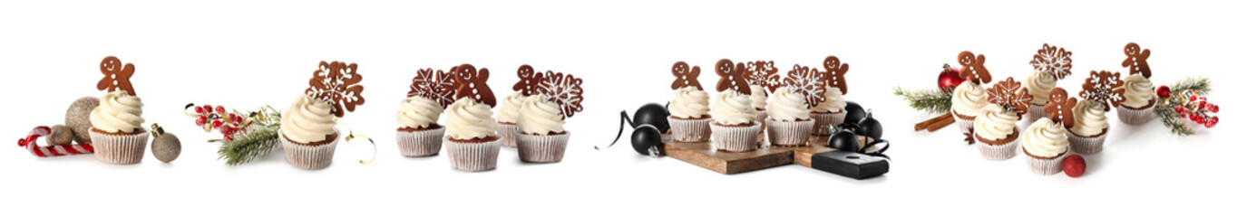 Set of tasty Christmas cupcakes with gingerbread cookies on white background