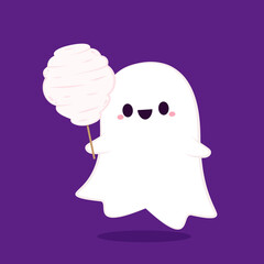 Cute ghost and Cotton candy vector. Happy halloween party greeting card with cute ghost. Trick or treat. Halloween funny cartoon. 