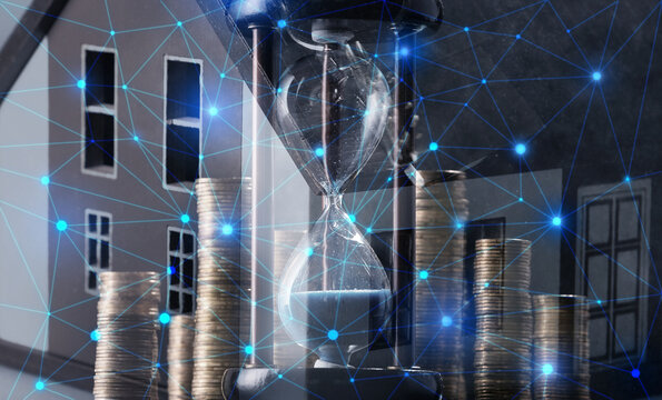 Double Exposure Of Hourglass With Coins And Figure Of House With Key