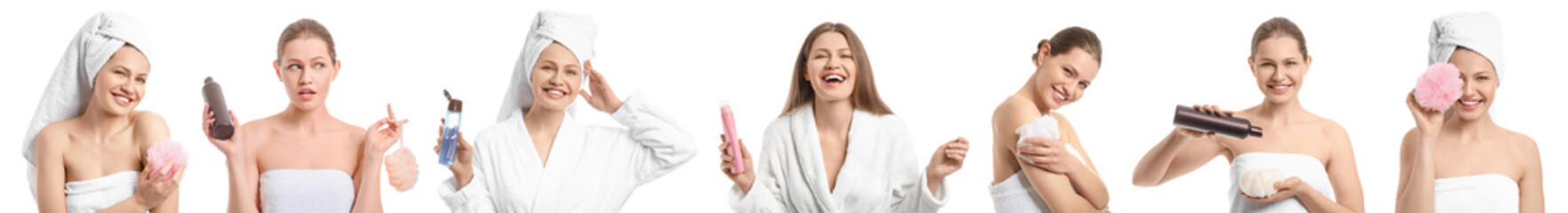 Collage of beautiful woman with shower gels and bast wisps on white background
